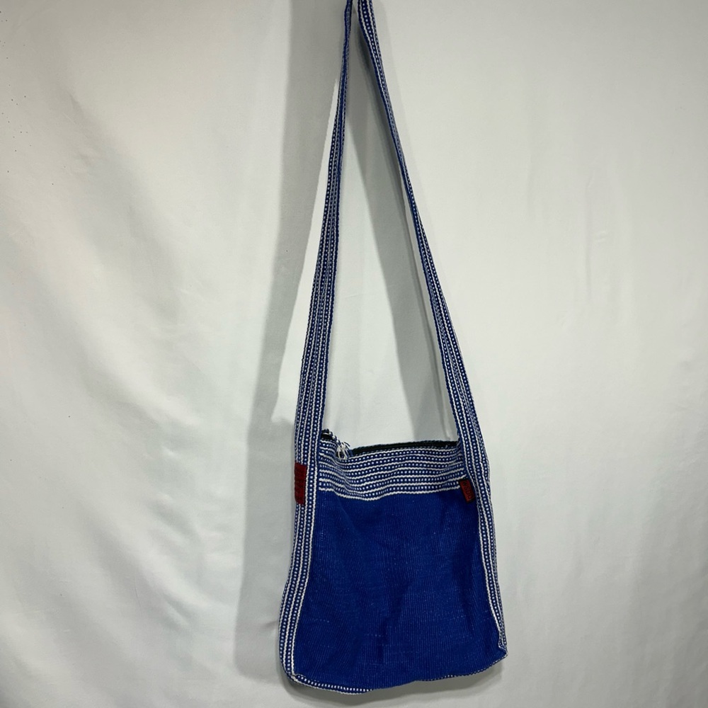 Handcrafted woven Blue and White Crossbody Bag with thick strap.